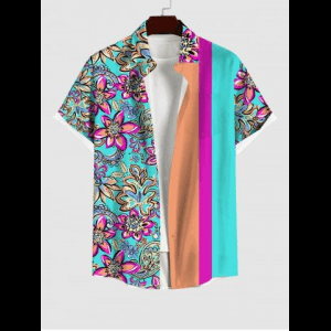 Rosegal, Hawaii Plus Size Turn-down Collar Floral Striped Print Button Pocket Shirt For Men