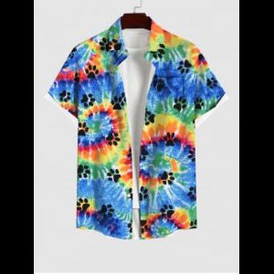 Rosegal, Hawaii Plus Size Turn-down Collar Spiral Watercolor Tie Dye Cat Paw Print Buttons Pocket Beach Shirt For Men
