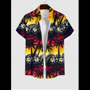 Rosegal, Hawaii Plus Size Flower Coconut Tree Leaf Ombre Colorblock Sky Print Buttons Pocket Shirt For Men