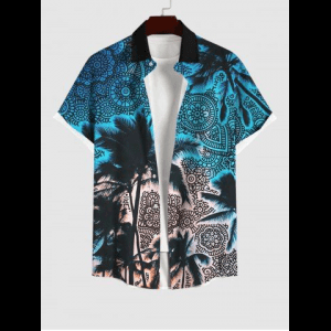Rosegal, Hawaii Plus Size Turn-down Collar Coconut Tree Vintage Floral Print Button Pocket Shirt For Men