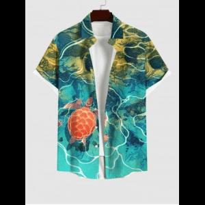 Rosegal, Hawaii Plus Size Underwater Sea Creatures Turtle Print Button Pocket Shirt For Men