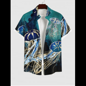 Rosegal, Hawaii Plus Size Sea Creatures Underwater World Jellyfish Print Buttons Pocket Shirt For Men