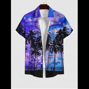Rosegal, Hawaii Men's Coconut Tree Cloud Sea Print Buttons Pocket Shirt