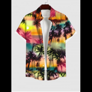 Rosegal, Plus Size Ombre Galaxy Sun Coconut Tree Print Button Pocket Hawaii Shirt For Men