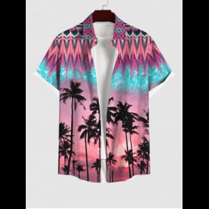 Rosegal, Plus Size Turn-down Collar Coconut Tree Dusk Lightning Ethnic Graphic Print Ombre Button Pocket Hawaii Shirt For Men
