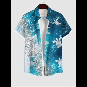 Rosegal, Plus Size Turtle Sandstone Ombre Sea Waves Print Button Pocket Hawaii Sea Creatures Shirt For Men