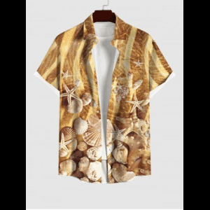 Rosegal, Hawaii Plus Size Beach Shell Starfish Conch Glitter 3D Print Buttons Pocket Shirt For Men