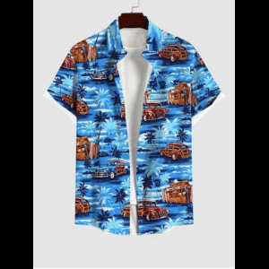 Rosegal, Plus Size Coconut Tree Sea Car Print Button Pocket Hawaii Shirt For Men