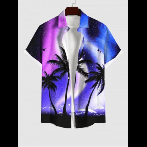 Rosegal, Plus Size Ombre Aurora Galaxy Coconut Tree Print Hawaii Button Pocket Shirt For Men