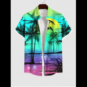 Rosegal, Plus Size Glitter Butterfly Ombre Sea Coconut Tree Sun Print Button Pocket Hawaii Shirt For Men