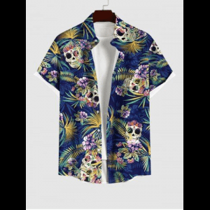 Rosegal, Hawaii Plus Size Turn-down Collar Skulls Coconut Tree Leaf Flower Print Button Pocket Shirt For Men