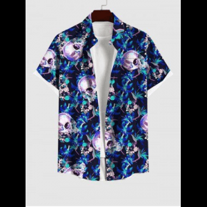 Rosegal, Plus Size Skulls Glory Flower Print Hawaii Button Pocket Shirt For Men
