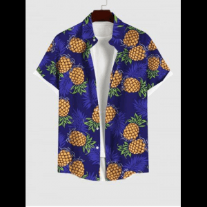 Rosegal, Plus Size Pineapple Coconut Leaves Print Hawaii Button Pocket Shirt For Men