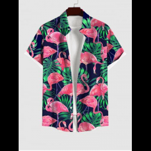Rosegal, Hawaii Men's Turn-down Collar Coconut Tree Leaf Flamingo Print Button Pocket Shirt