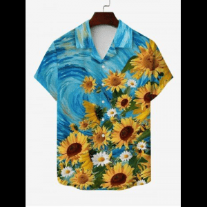 Rosegal, Hawaii Plus Size Turn-down Collar Sunflower Daisy Painting Print Pocket Button Shirt For Men