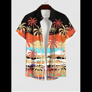 Rosegal, Plus Size Coconut Tree Sea Beach Colorblock Print Hawaii Button Pocket Shirt For Men