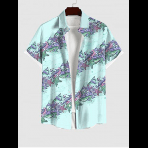 Rosegal, Hawaii Plus Size Marine Life Print Buttons Pocket Shirt For Men