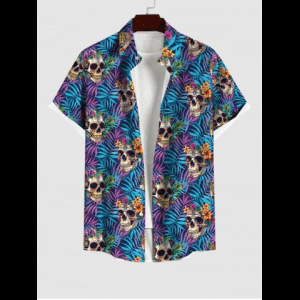 Rosegal, Plus Size Skulls Coconut Tree Palm Leaf Flowers Print Button Pocket Hawaii Shirt For Men