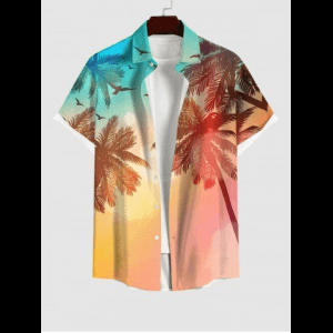 Rosegal, Plus Size Ombre Dusk Coconut Tree Swallow Print Button Pocket Hawaii Shirt For Men