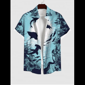 Rosegal, Plus Size Turtle Shark Fish Underwater World Painting Splatter Print Button Pocket Hawaii Sea Creatures Shirt For Men