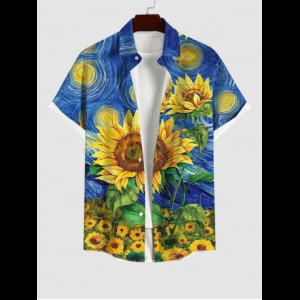 Rosegal, Plus Size Oil Painting Sunflower Leaf Sun Print Buttons Pocket Shirt For Men