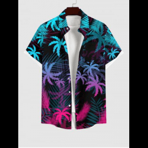 Rosegal, Hawaii Plus Size Ombre Coconut Tree Palm Leaf Print Buttons Pocket Shirt For Men