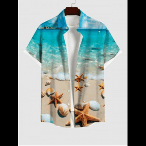 Rosegal, Hawaii Plus Size Turn-down Collar Sea Creatures Beach Shell Print Button Pocket Shirt For Men