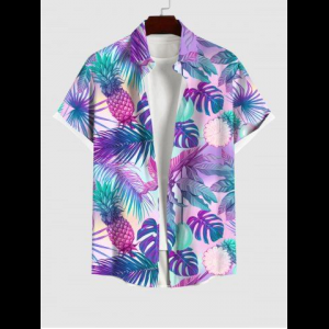 Rosegal, Plus Size Colorful Ombre Coconut Leaves Pineapple Print Hawaii Button Pocket Shirt For Men