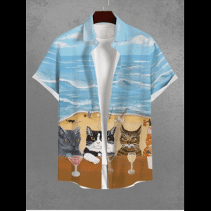 Rosegal, Hawaii Plus Size Vacation Style Cat Goblet Sea Beach Print Pocket Buttons Shirt For Men