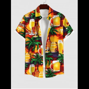 Rosegal, Plus Size Coconut Tree Beer Mug Barrel Print Buttons Pocket Hawaii Shirt For Men