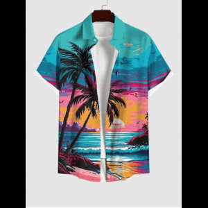 Rosegal, Plus Size Coconut Tree Sea Sunset Cloud Colorblock Print Buttons Pocket Hawaii Shirt For Men