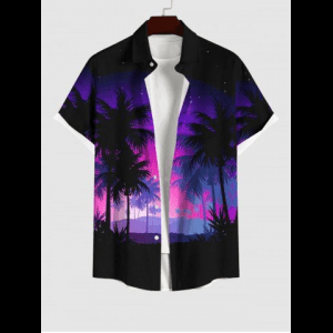 Rosegal, Men's Coconut Tree Moon Star Ombre Print Buttons Pocket Hawaii Shirt
