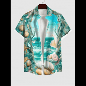 Rosegal, Plus Size Shell Conch Sea Portal Print Ombre Hawaii Button Pocket Shirt For Men