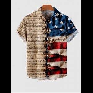 Rosegal, Plus Size 3D Lace Up American Flag Newspaper Print Button Pocket Shirt For Men
