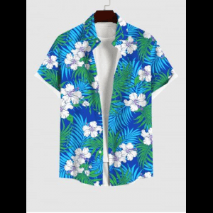 Rosegal, Plus Size Coconut Leaves Flower Print Hawaii Button Pocket Shirt For Men