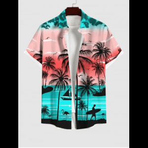 Rosegal, Plus Size Coconut Tree Sea Beach Ombre Galaxy Sun Print Hawaii Button Pocket Shirt For Men