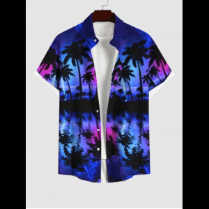 Rosegal, Plus Size Coconut Tree Ombre Aurora Sea Print Hawaii Button Pocket Shirt For Men