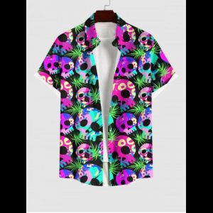 Rosegal, Plus Size Colorful Skulls Palm Leaf Print Hawaii Shirt For Men