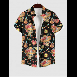 Rosegal, Plus Size Skulls Flower Hat Heart Guitar Candy Print Hawaii Campfire Hula Dance Button Pocket Shirt For Men