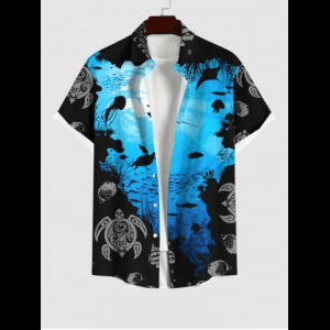 Rosegal, Plus Size Sea Creatures Turtle Fish Colorblock Print Buttons Pocket Hawaii Shirt For Men