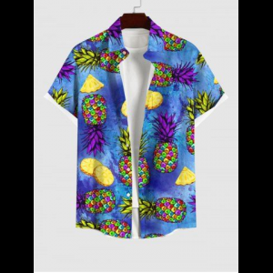 Rosegal, Plus Size Colorful Pineapple Ombre Paint Splatter Print Buttons Pocket Hawaii Shirt For Men