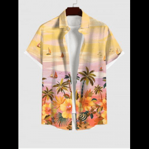 Rosegal, Hawaii Plus Size Coconut Tree Flower Sea Sailboat Print Button Pocket Shirt For Men