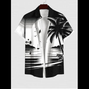 Rosegal, Plus Size Ink Painting Coconut Tree Sun Sea Bird Print Buttons Pocket Hawaii Shirt For Men