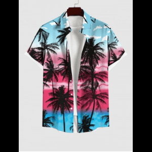 Rosegal, Hawaii Plus Size Coconut Tree Bird Cloud Colorblock Print Buttons Pocket Shirt For Men
