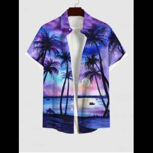 Rosegal, Plus Size Full Moon Sea Coconut Tree Ombre Print Hawaii Shirt For Men