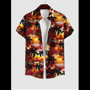 Rosegal, Plus Size Coconut Tree Flower Lounge Chair Sea Sunset Print Buttons Pocket Hawaii Shirt For Men
