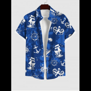 Rosegal, Plus Size Sailboat Compass Anchor Octopus Shell Lobster Colorblock Print Hawaii Button Pocket Shirt For Men