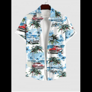 Rosegal, Men's Coconut Tree Floral Sea Car Print Button Pocket Hawaii Shirt