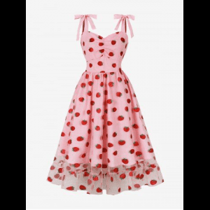 Rosegal, Strawberry Print Ruffles Trim Ruched Panel Tie Strap Vintage Dress