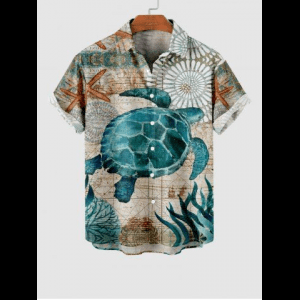 Rosegal, Hawaii Plus Size Starfish Turtle Sea Creaturesweed Floral Print Buttons Pocket Shirt For Men